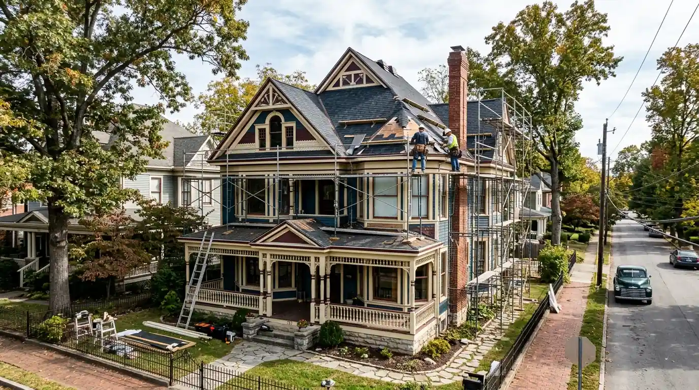 Victorian house mid restoration with scaffolding at the roof edge in Old North Knoxville Tennessee