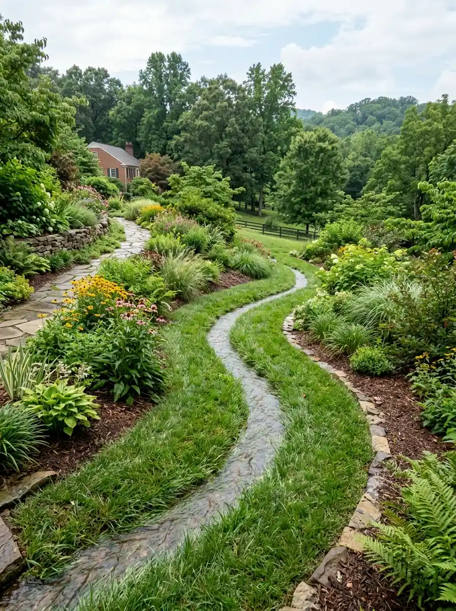 shallow grassed swale carrying surface water across a sloping Knoxville Tennessee garden