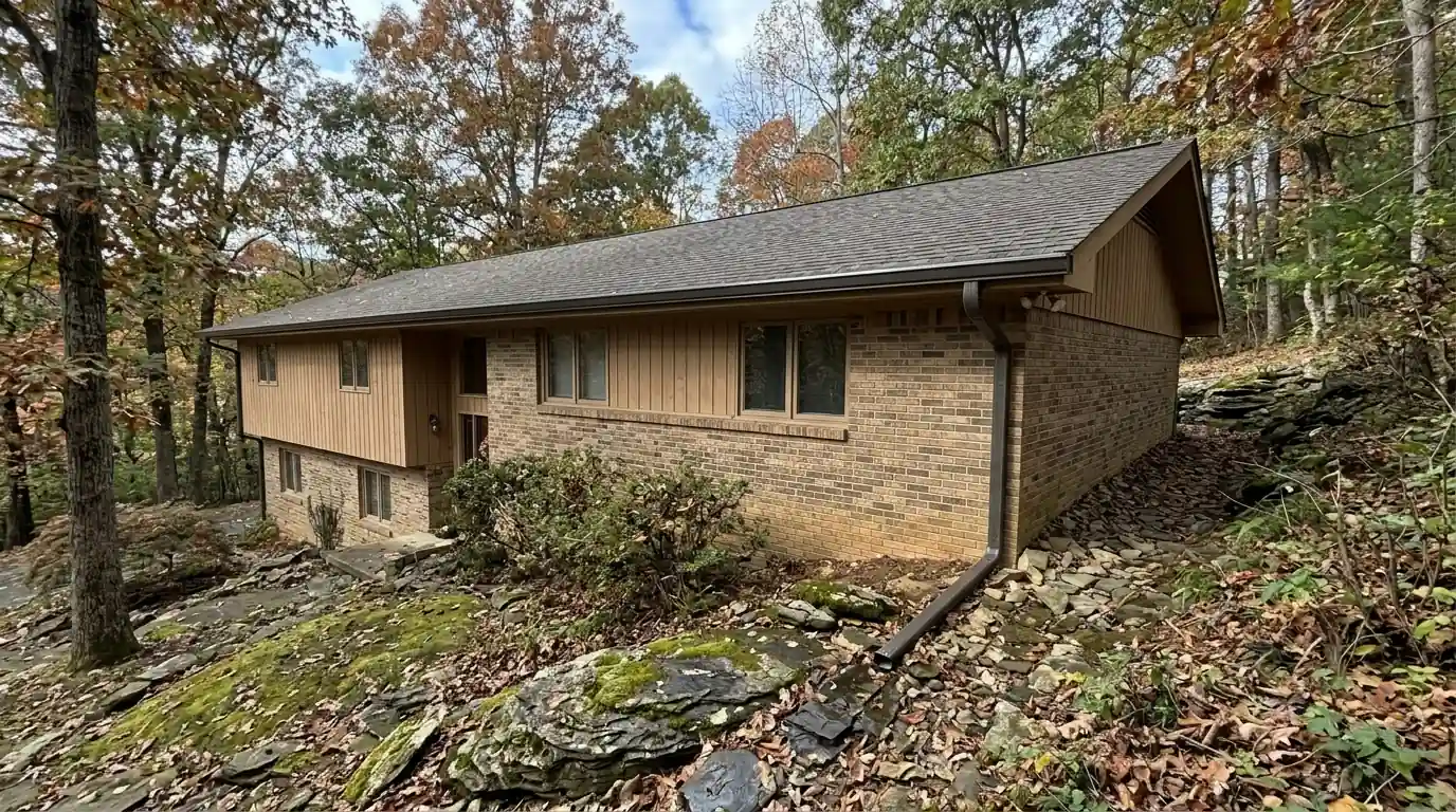 long unbroken gutter run with a single downspout at the low end on a Rocky Hill Knoxville Tennessee split level