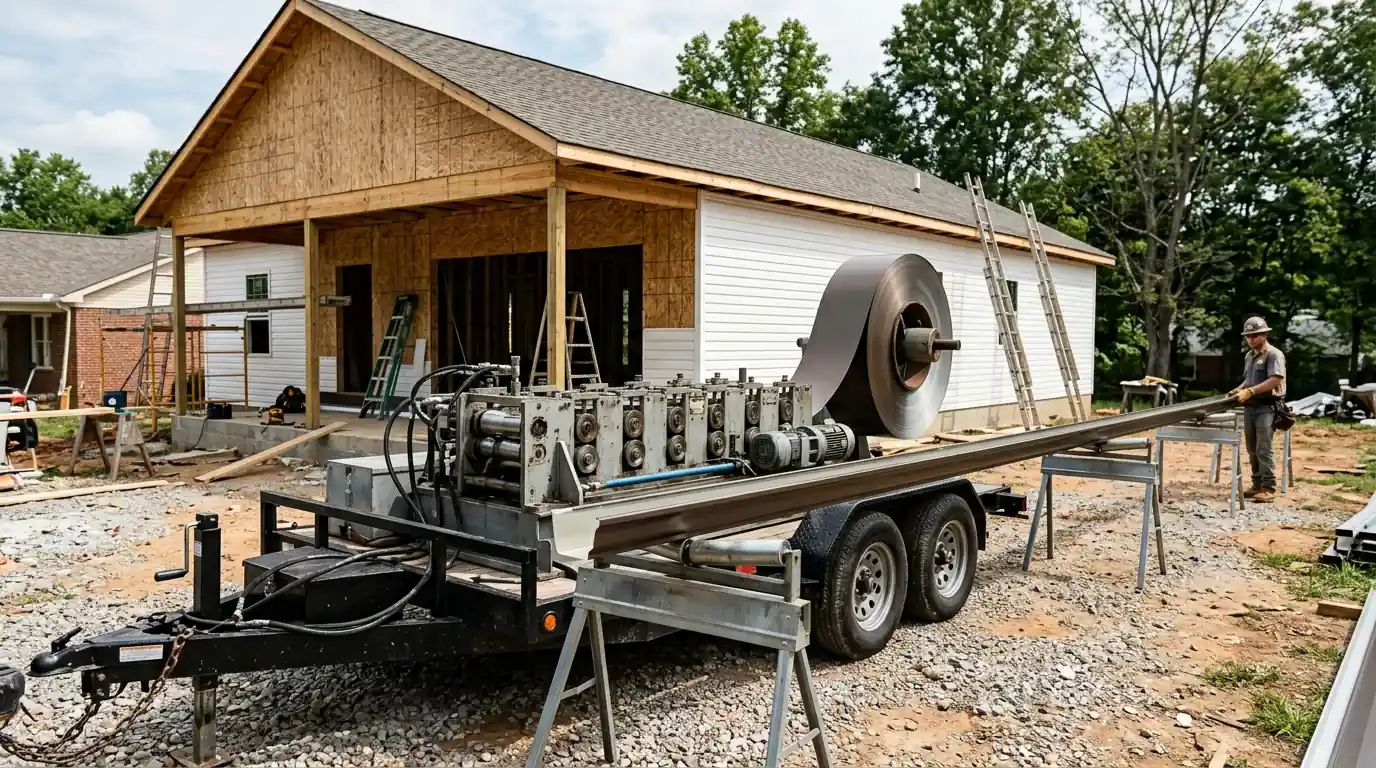 gutter coil running through a forming machine on a trailer at a Knoxville Tennessee job site