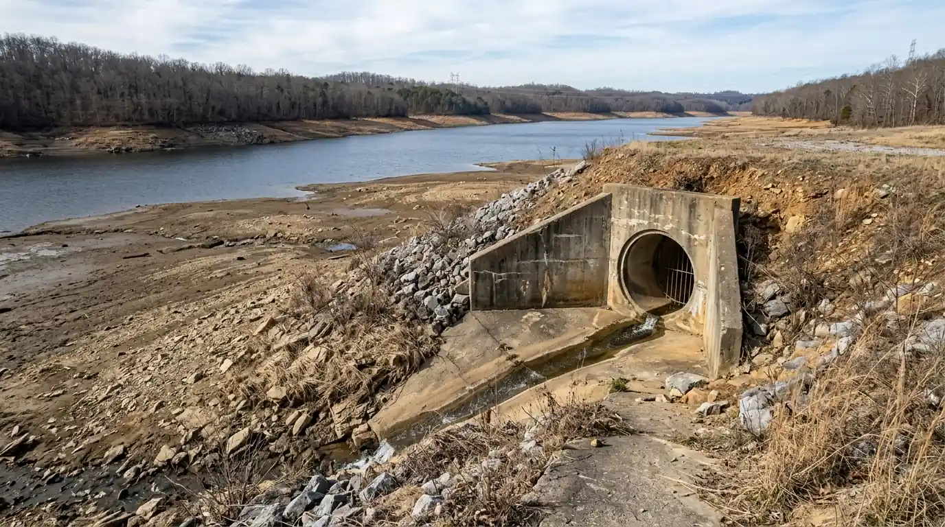 daylight drainage outlet above a reservoir shoreline at drawn down winter level near Knoxville Tennessee