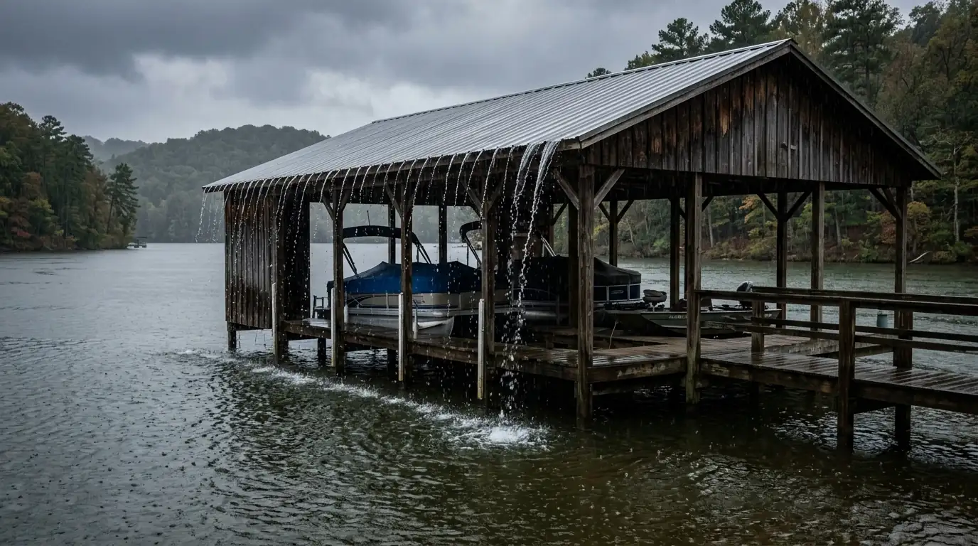 covered boathouse roof shedding rainwater at the waterline in Louisville Tennessee