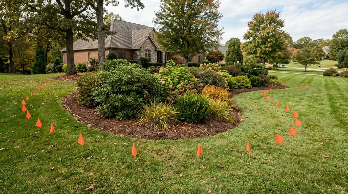 buried drain line route marked around established shrub beds on a large Holston Hills Knoxville Tennessee lot