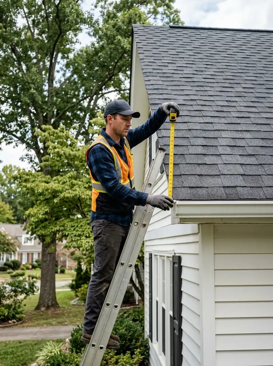 gutter estimator measuring a roof elevation with a tape on a Knoxville Tennessee home