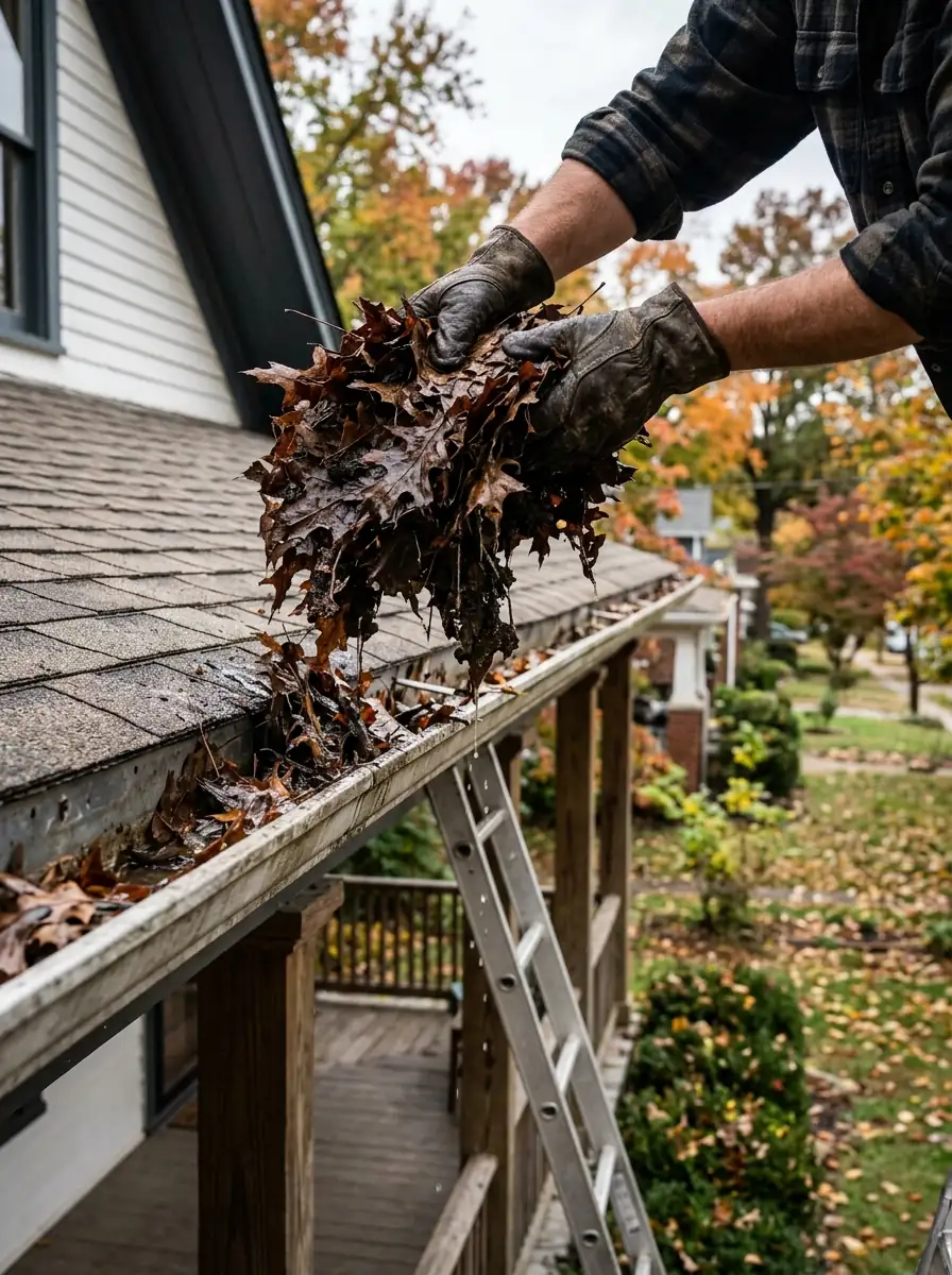 gloved hands lifting a compacted mat of wet oak leaves from a gutter above a Knoxville Tennessee porch roof