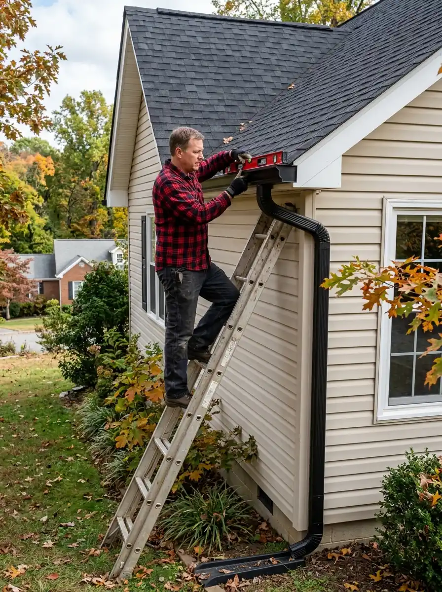 level being used to check the fall of a gutter run toward its outlet on a Knoxville Tennessee house