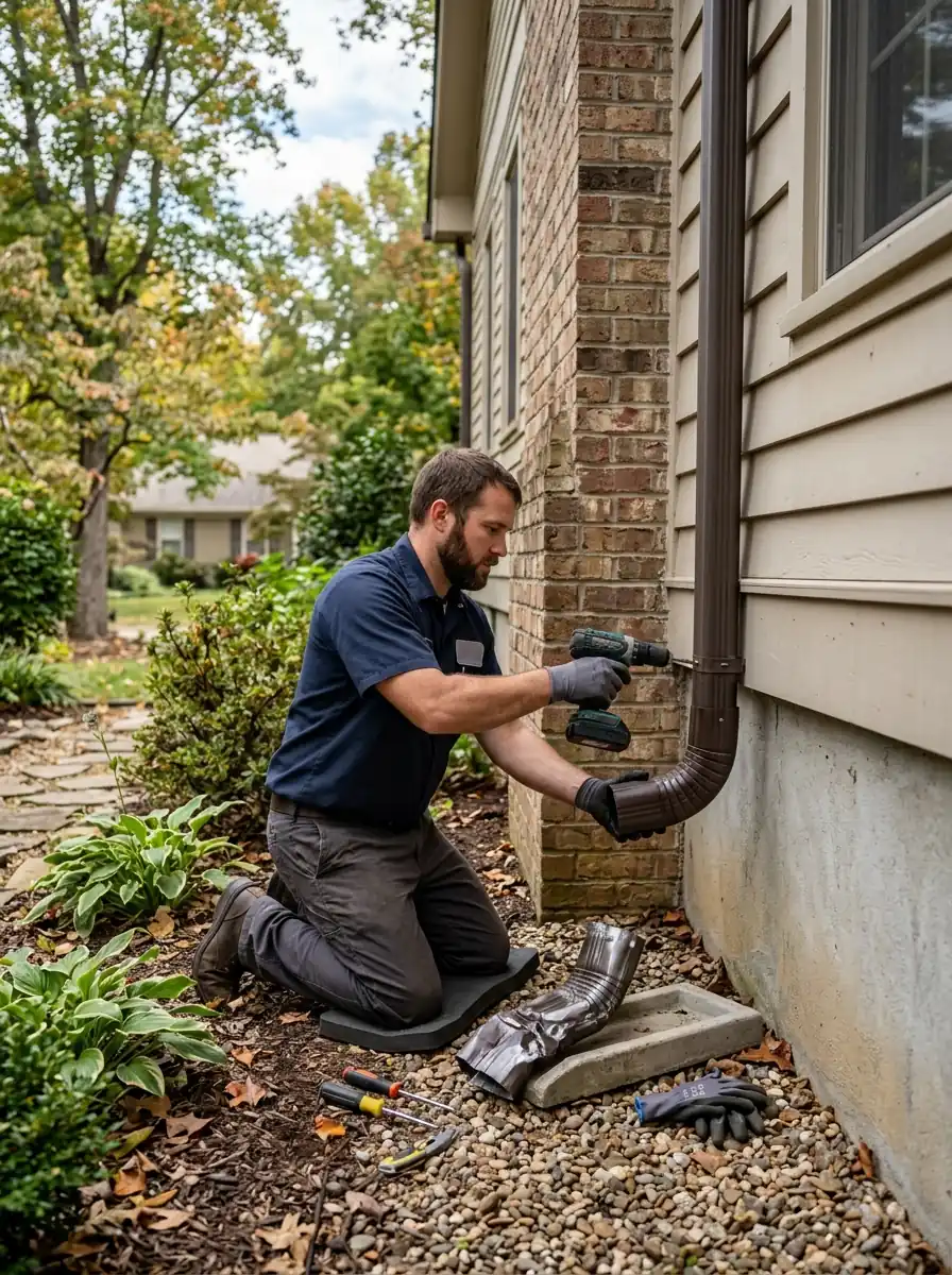 crushed downspout elbow at ground level beside a Knoxville Tennessee house being replaced