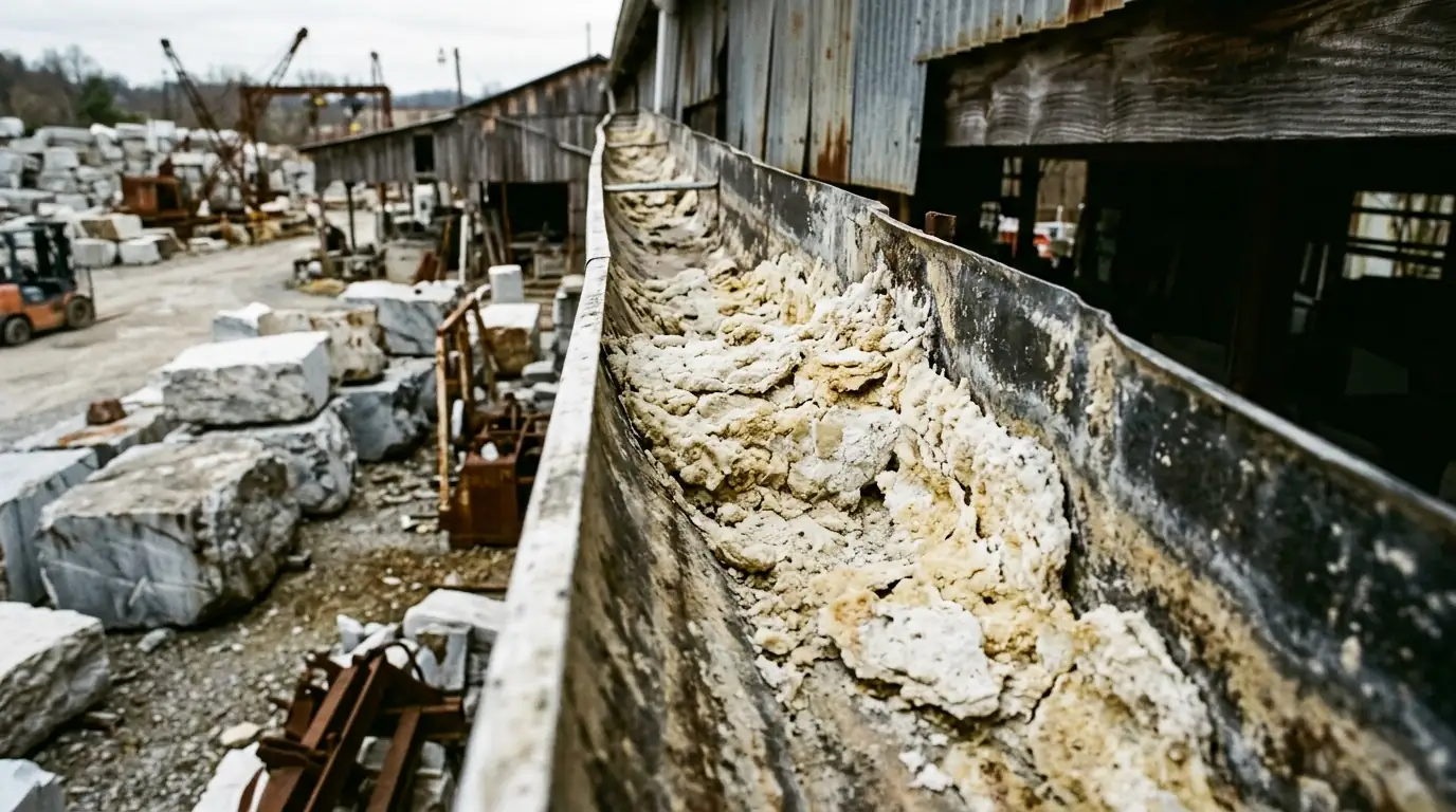 pale mineral crust built up inside a gutter trough near the old marble yards in Knoxville Tennessee