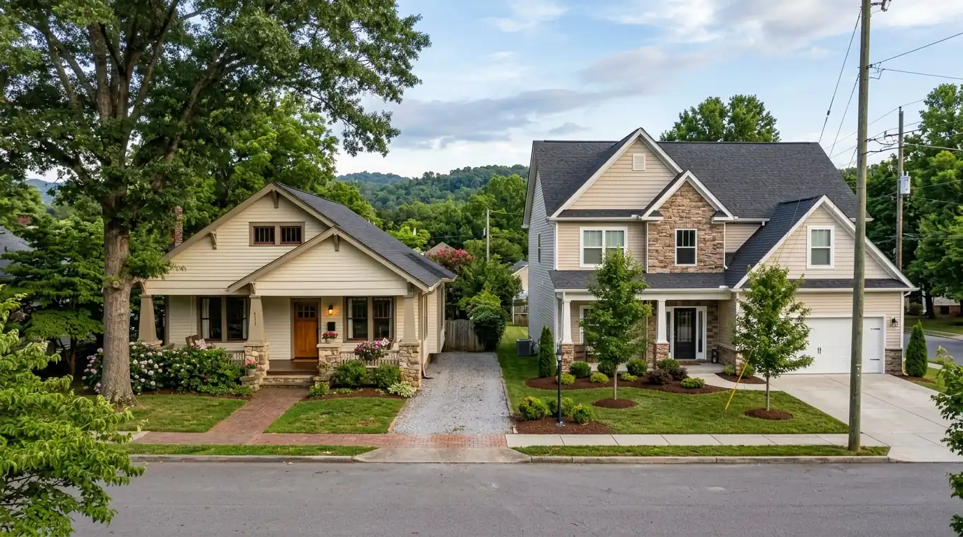prewar house and newer subdivision home side by side in Maryville Tennessee