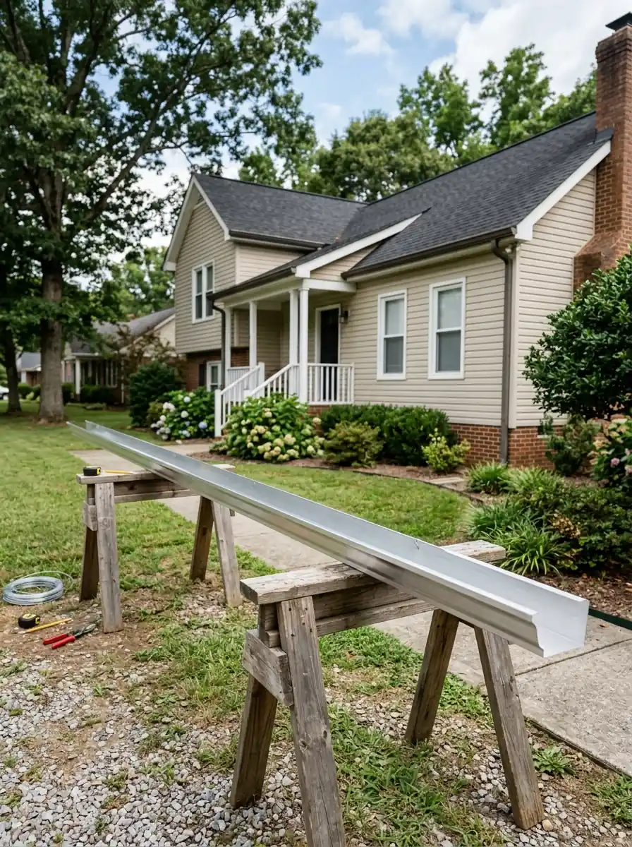 newly formed seamless aluminum gutter section resting on sawhorses beside a Knoxville Tennessee house before hanging