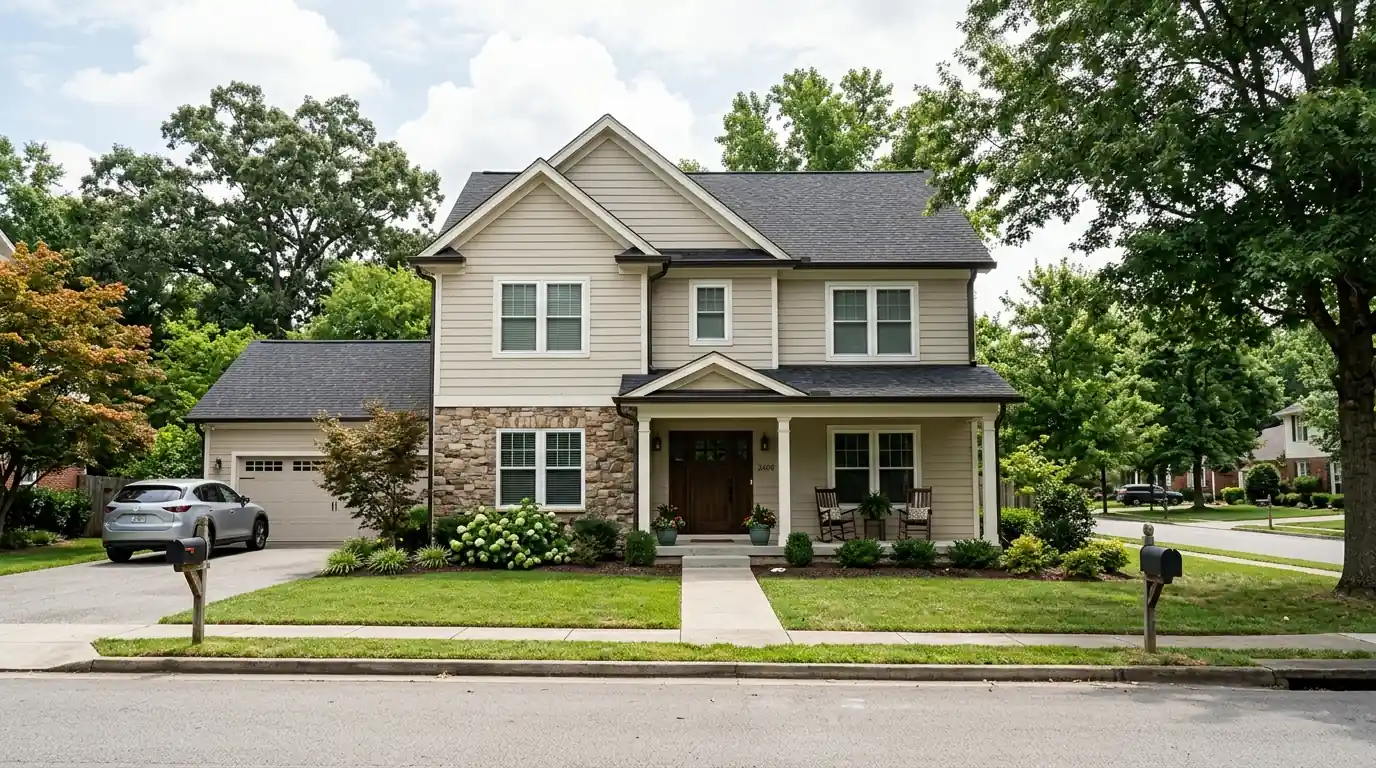 wide shot of a two story Knoxville Tennessee home with new gutters along the full front elevation