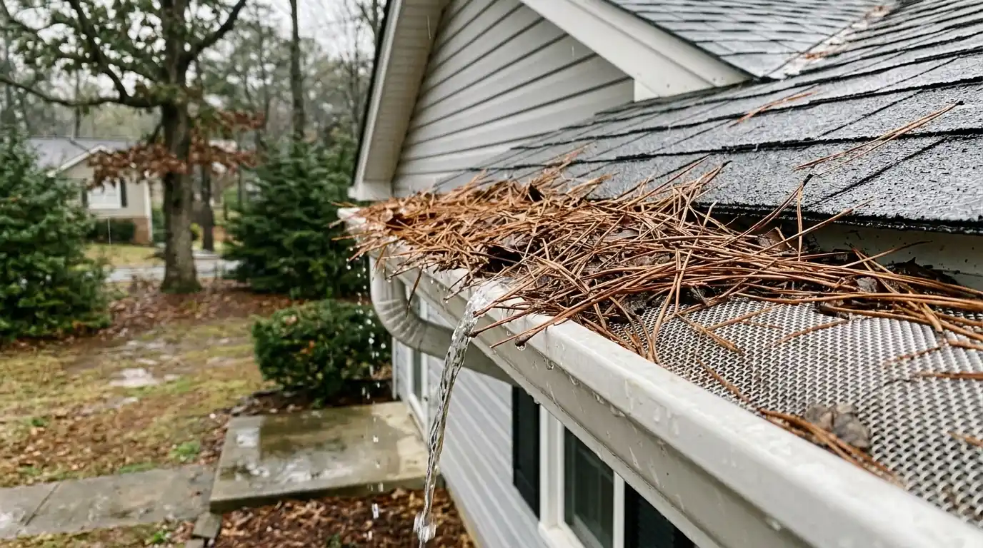 pine needles matted across gutter guard mesh with water running over the front edge in Knoxville Tennessee