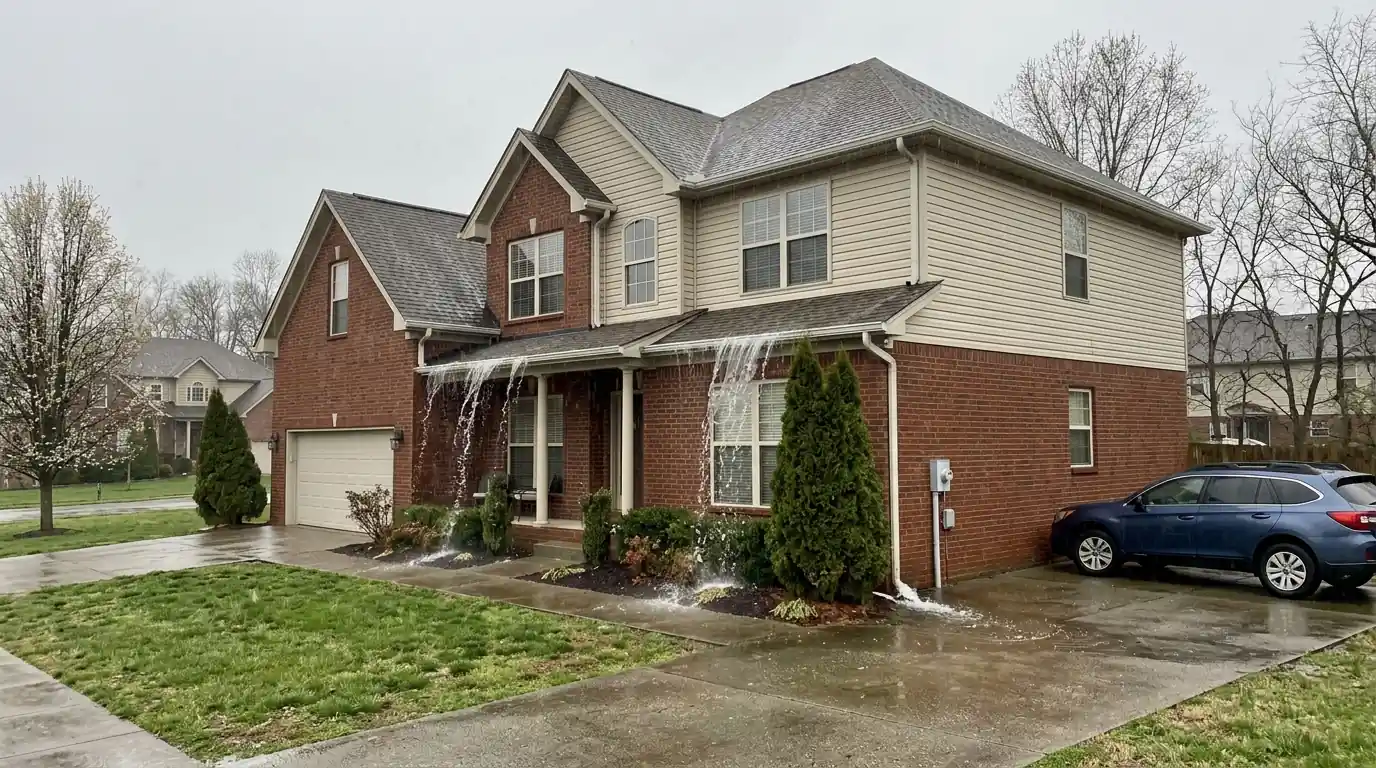large two story subdivision home in Hardin Valley Knoxville Tennessee with undersized gutters overflowing