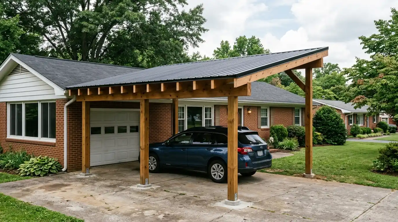 attached carport with exposed rafter tails and no gutter on a Norwood Knoxville Tennessee ranch