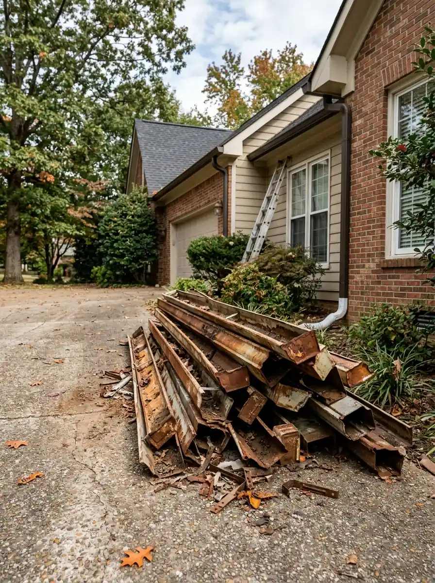 old rusted gutter section stacked on a driveway beside a Knoxville Tennessee house during a replacement
