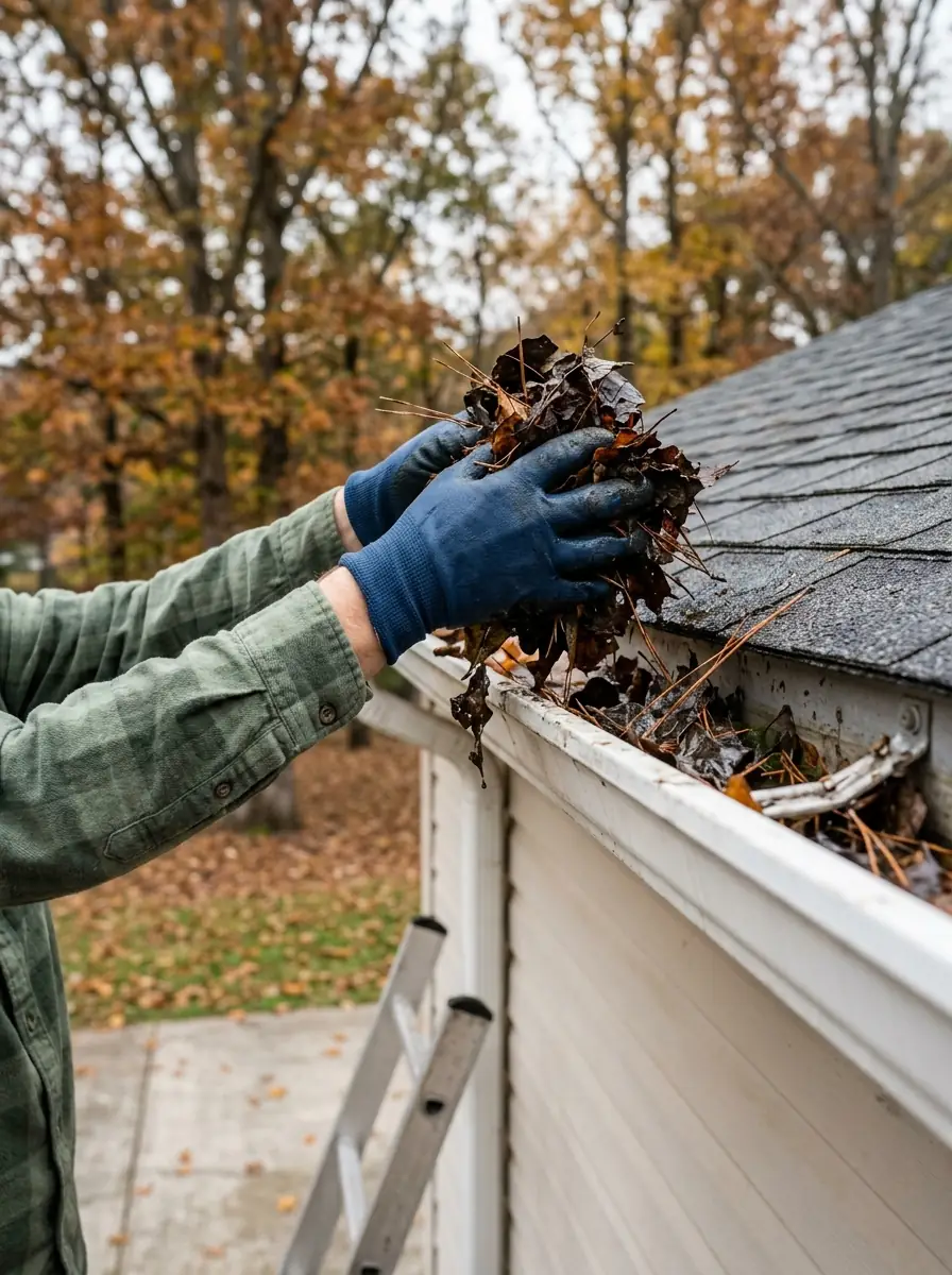 gloved hands lifting packed wet leaves out of a residential gutter trough in Tennessee