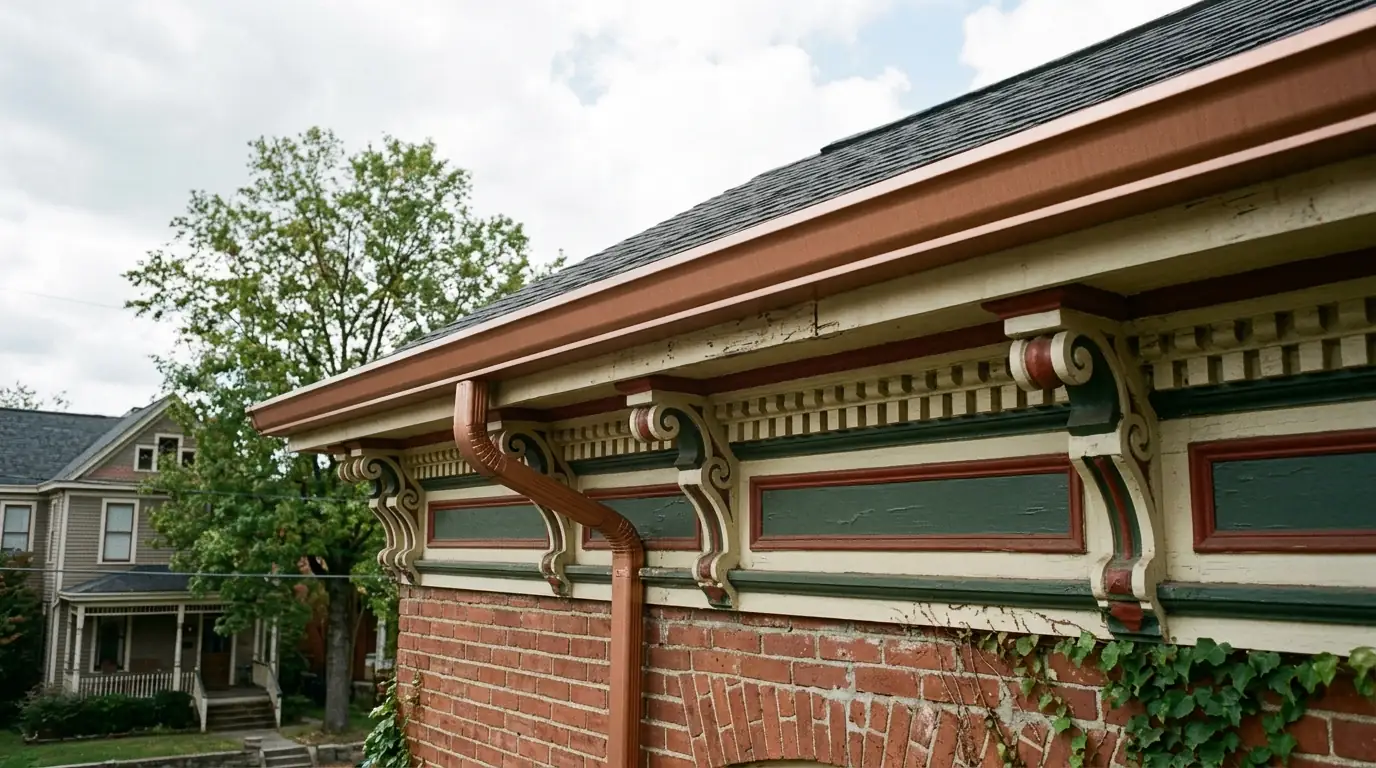decorative Victorian cornice trim sitting directly behind a gutter run in Fourth and Gill Knoxville Tennessee