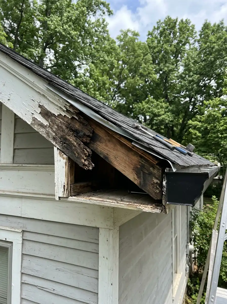 rotten fascia board section cut away at the roof edge of an older Knoxville Tennessee house