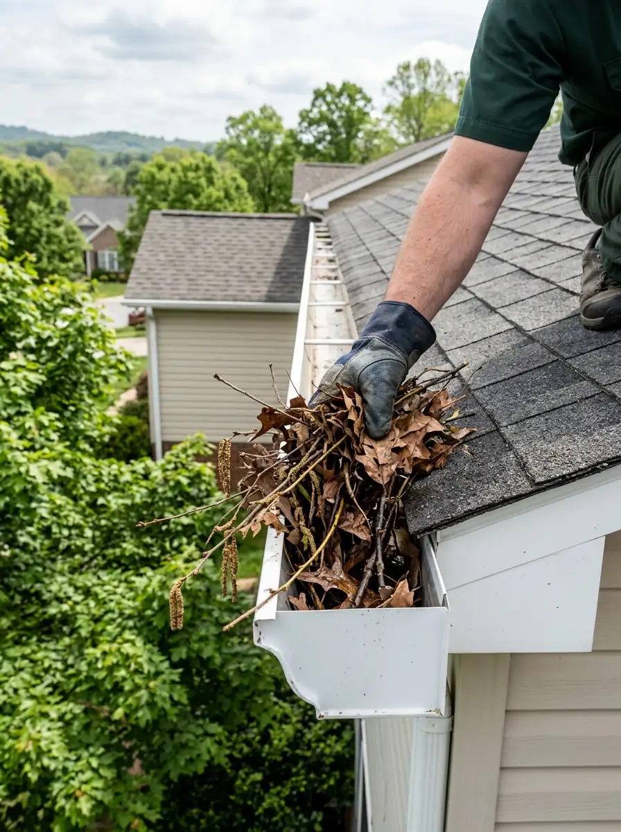 blocked gutter outlet packed with oak stems being cleared by hand on a Knoxville Tennessee roofline