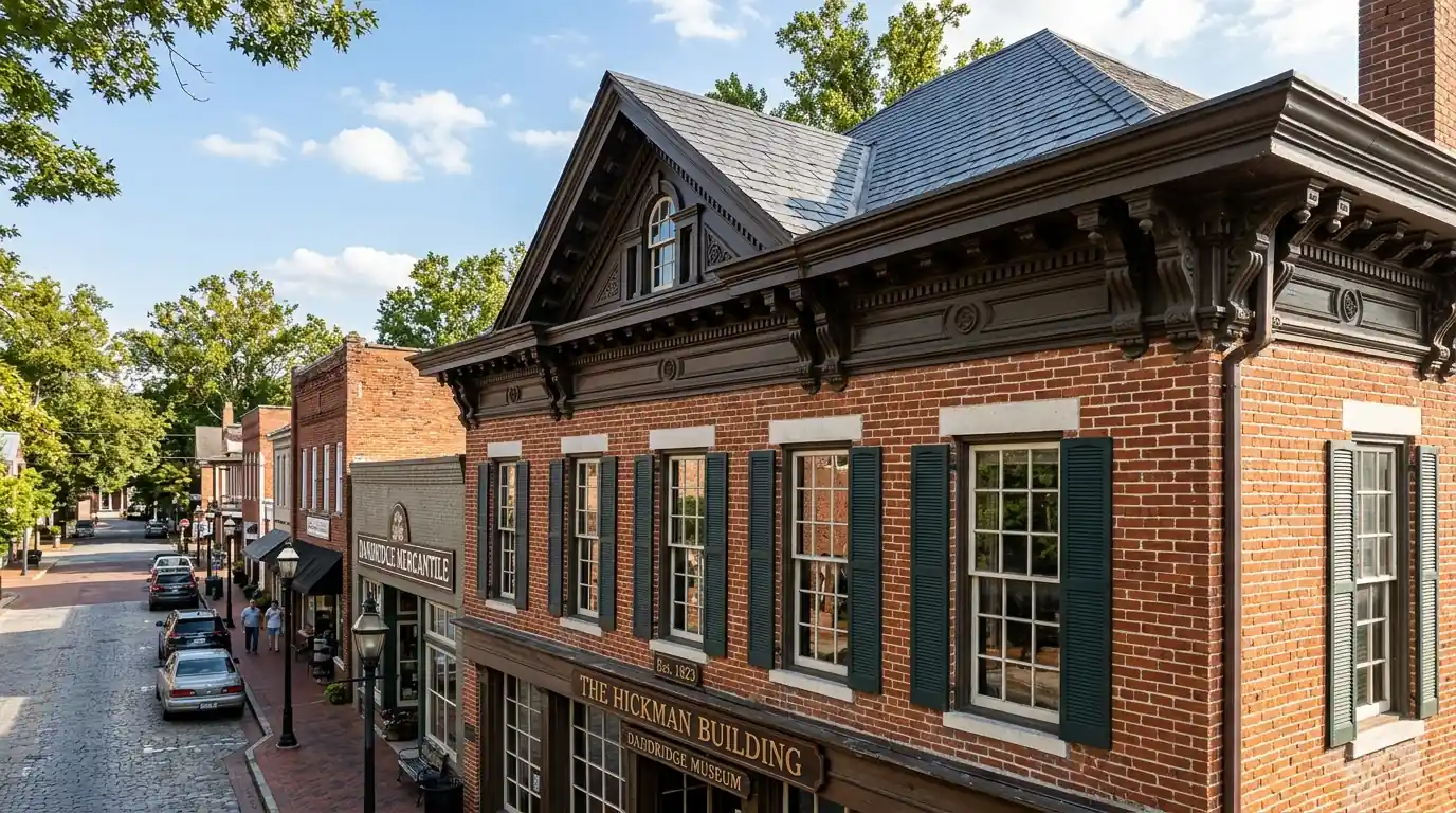 historic town center building with original roof edge detailing in Dandridge Tennessee