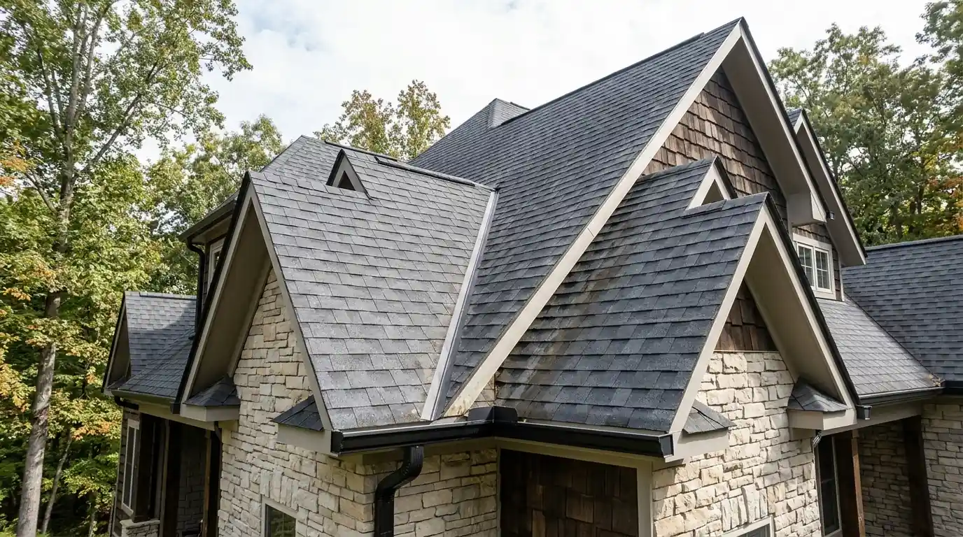 multiple roof planes and valleys converging above a short gutter run on a Gettysvue Knoxville Tennessee home