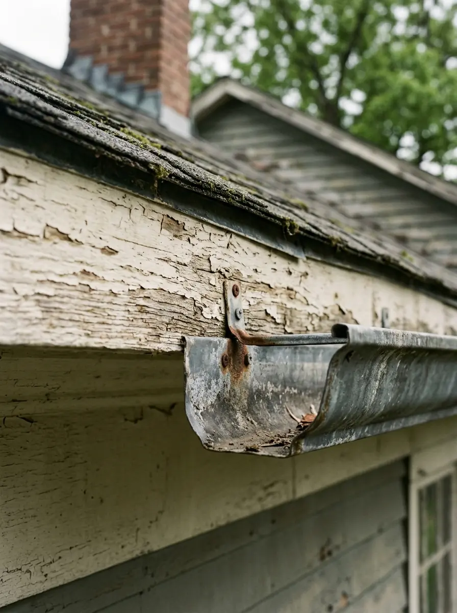 tight close view of softened painted fascia board behind a gutter on an older Knoxville Tennessee house