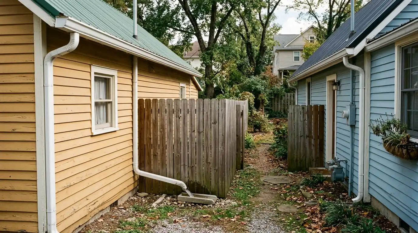 six foot side yard between two mill cottages with a downspout discharging near the boundary in Knoxville Tennessee