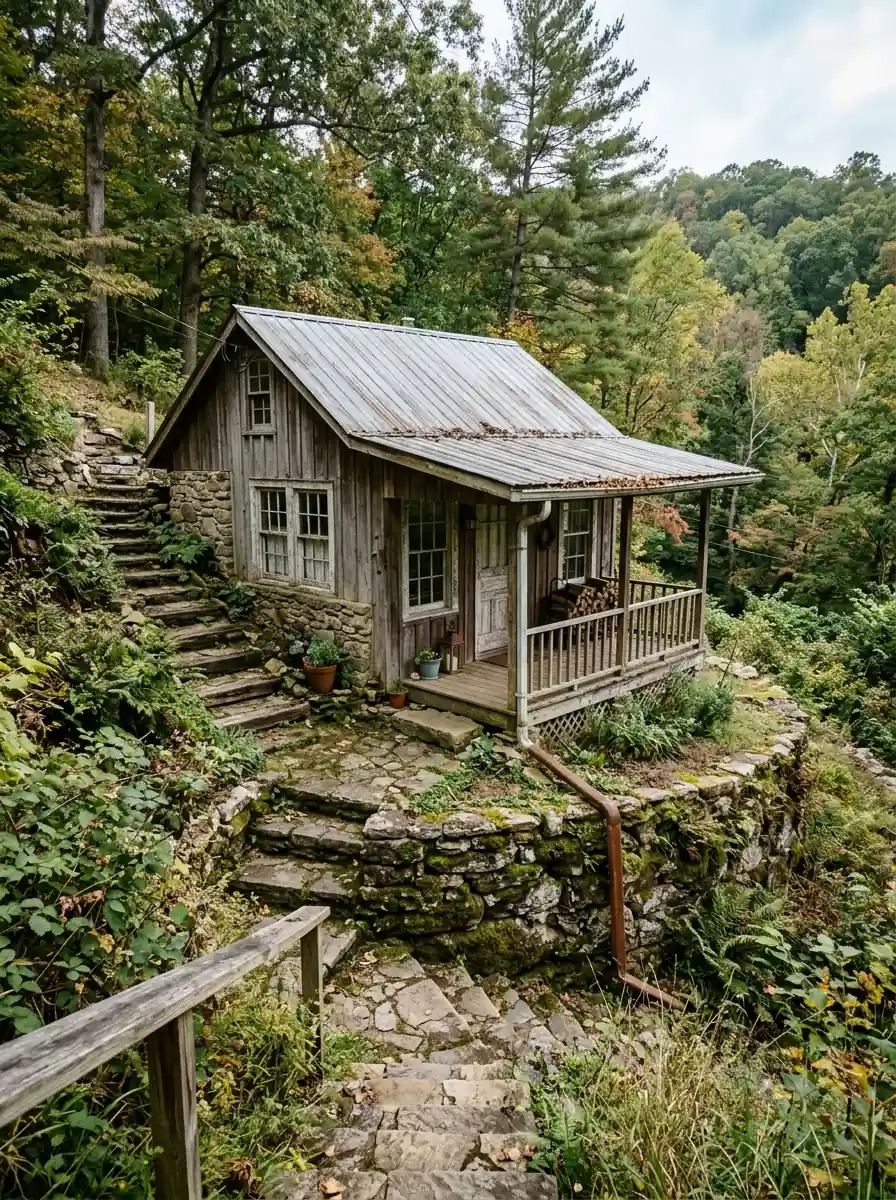 small mill cottage on a stepped hillside lot with an aging gutter run in Vestal Knoxville Tennessee