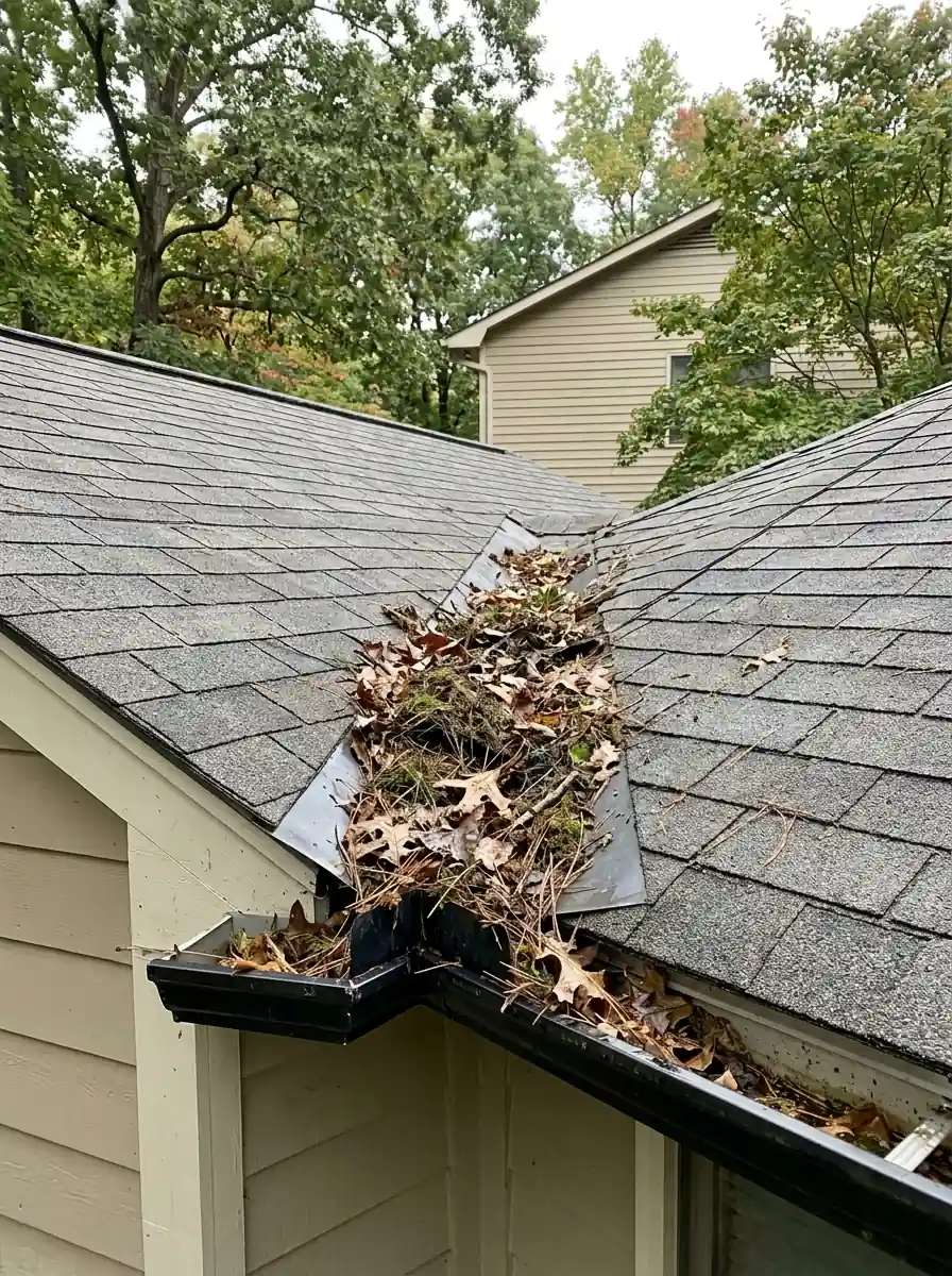leaf and needle debris packed in a roof valley above the gutter line on a Knoxville Tennessee house