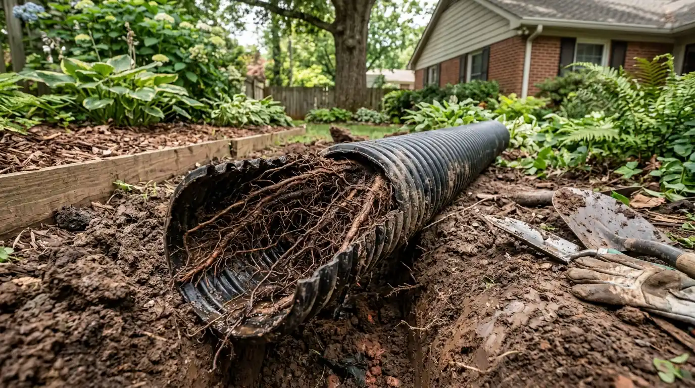 tree roots grown inside a buried downspout drain line excavated in a Deane Hill Knoxville Tennessee garden