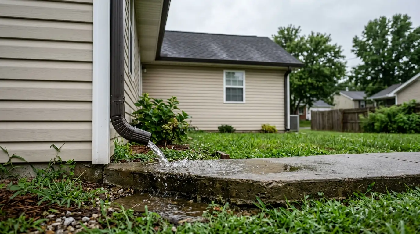 downspout discharging close to the slab edge of a single story home on flat ground in Inskip Knoxville Tennessee