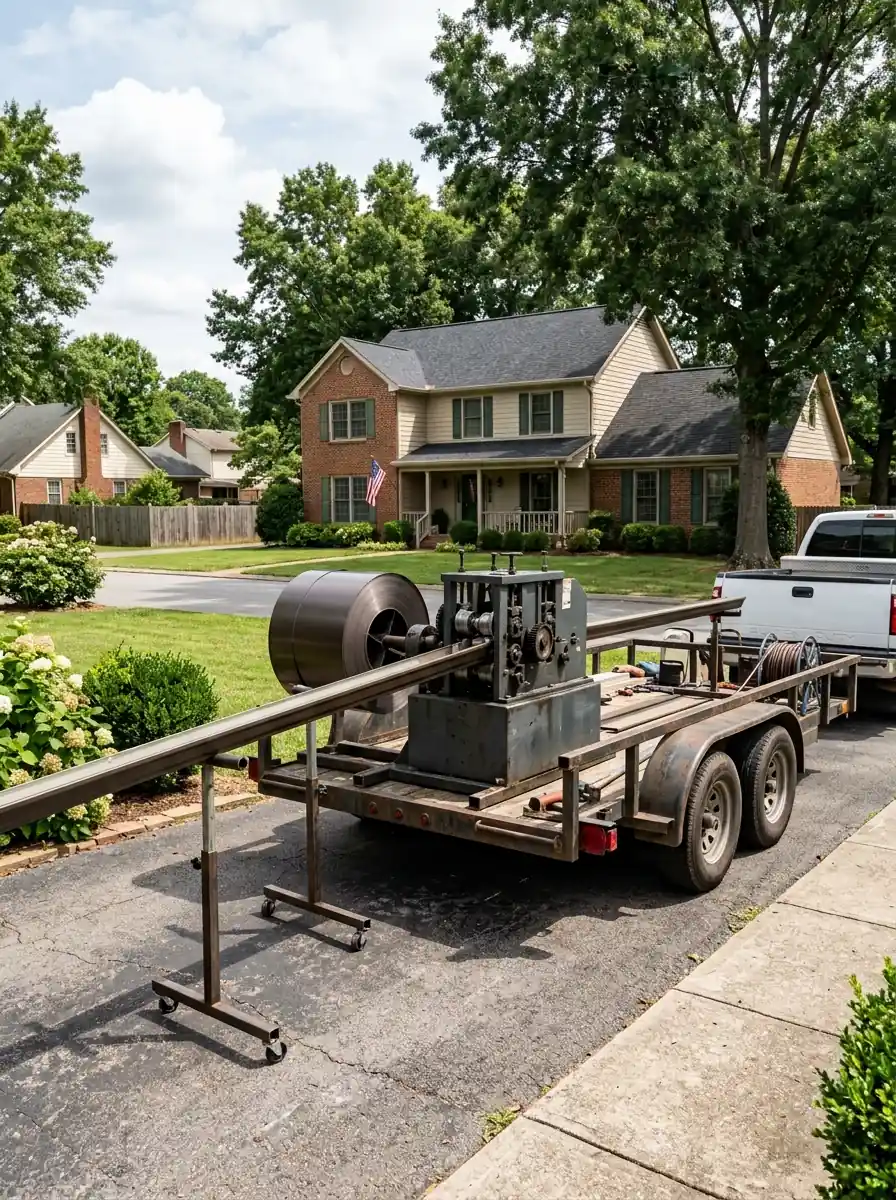 gutter forming machine mounted on a work trailer parked in a Knoxville Tennessee driveway
