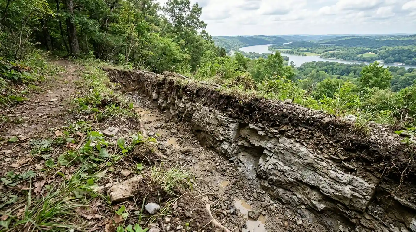 shallow limestone bedrock exposed in a drainage trench on bluff ground near Solway Knoxville Tennessee