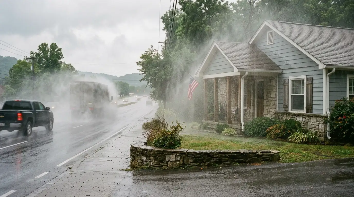 road spray from passing traffic reaching the front elevation of a cottage on an arterial in Knoxville Tennessee