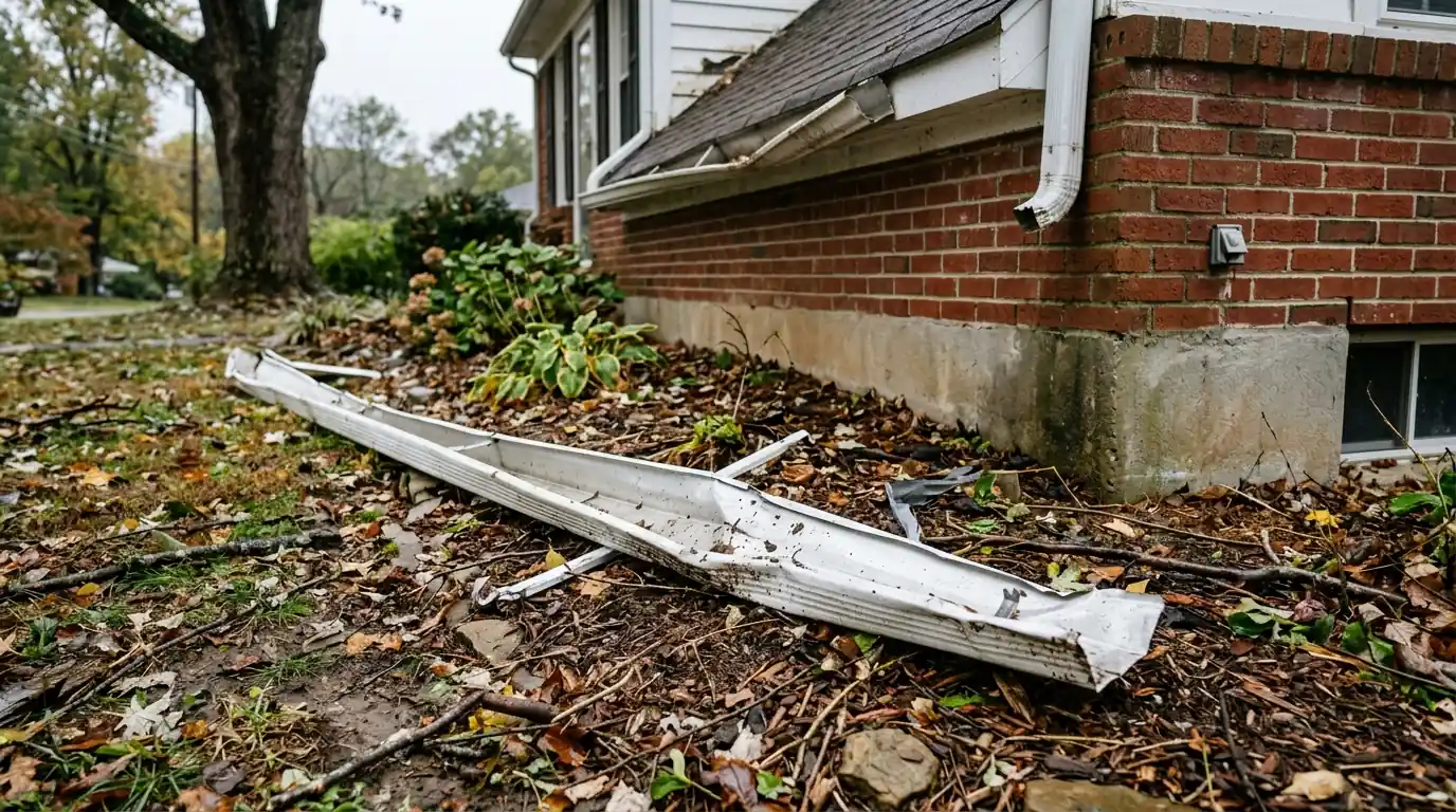 storm torn gutter section photographed where it fell beside a Knoxville Tennessee house