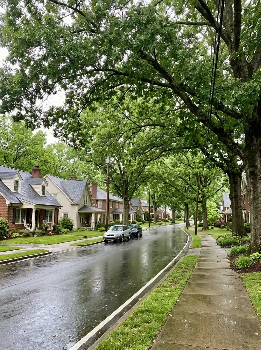 residential street in Knoxville Tennessee with mature oak canopy over the rooflines after rain
